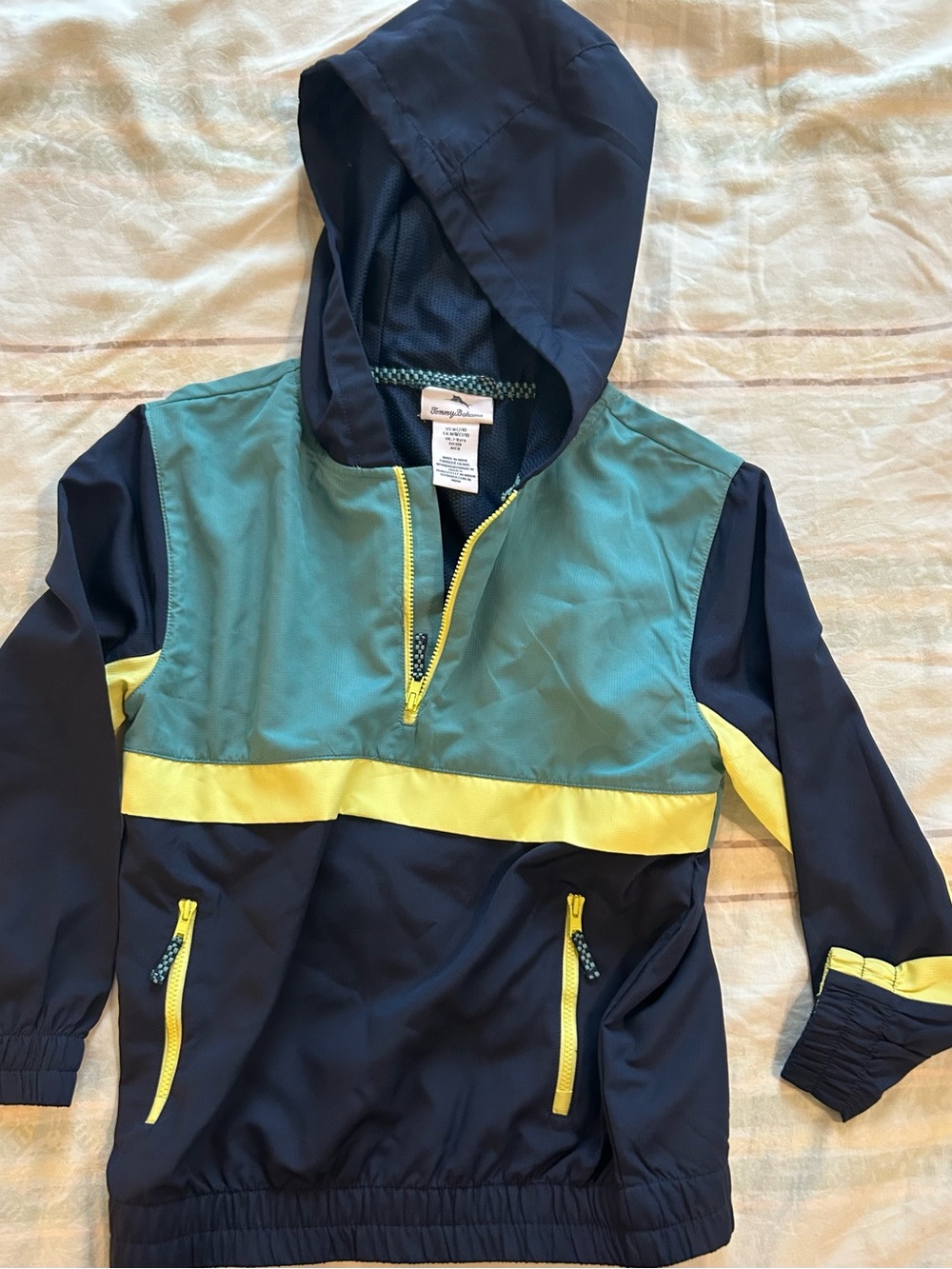 Tommy Bahama Kids Boy’s Navy and Teal Hooded Windbreaker Yellow Trim NWOT M 7-8